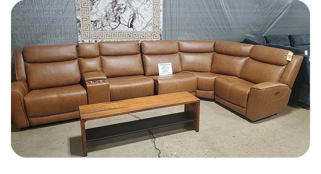 6 Pc Leather Modular Power Sectional (New )