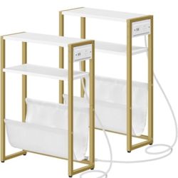 Narrow Side Tables Set of 2, End Table with Charging Station, 3-Tier Nightstand, Bedside Table