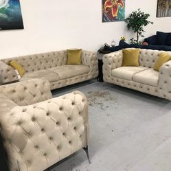 Cream 3 Piece Living Room Set 🧩 Sofa, Loveseat And Chair 🔥 Showroom Available 