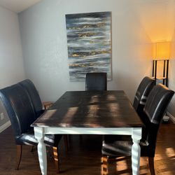 Dark Brown Wooden Dining Table 5 Leather Chairs 