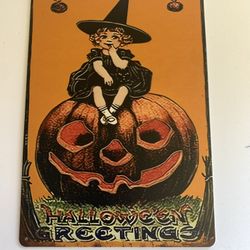 Halloween Greetings Vintage Style Pumpkin Witch Tin Metal Wall Art