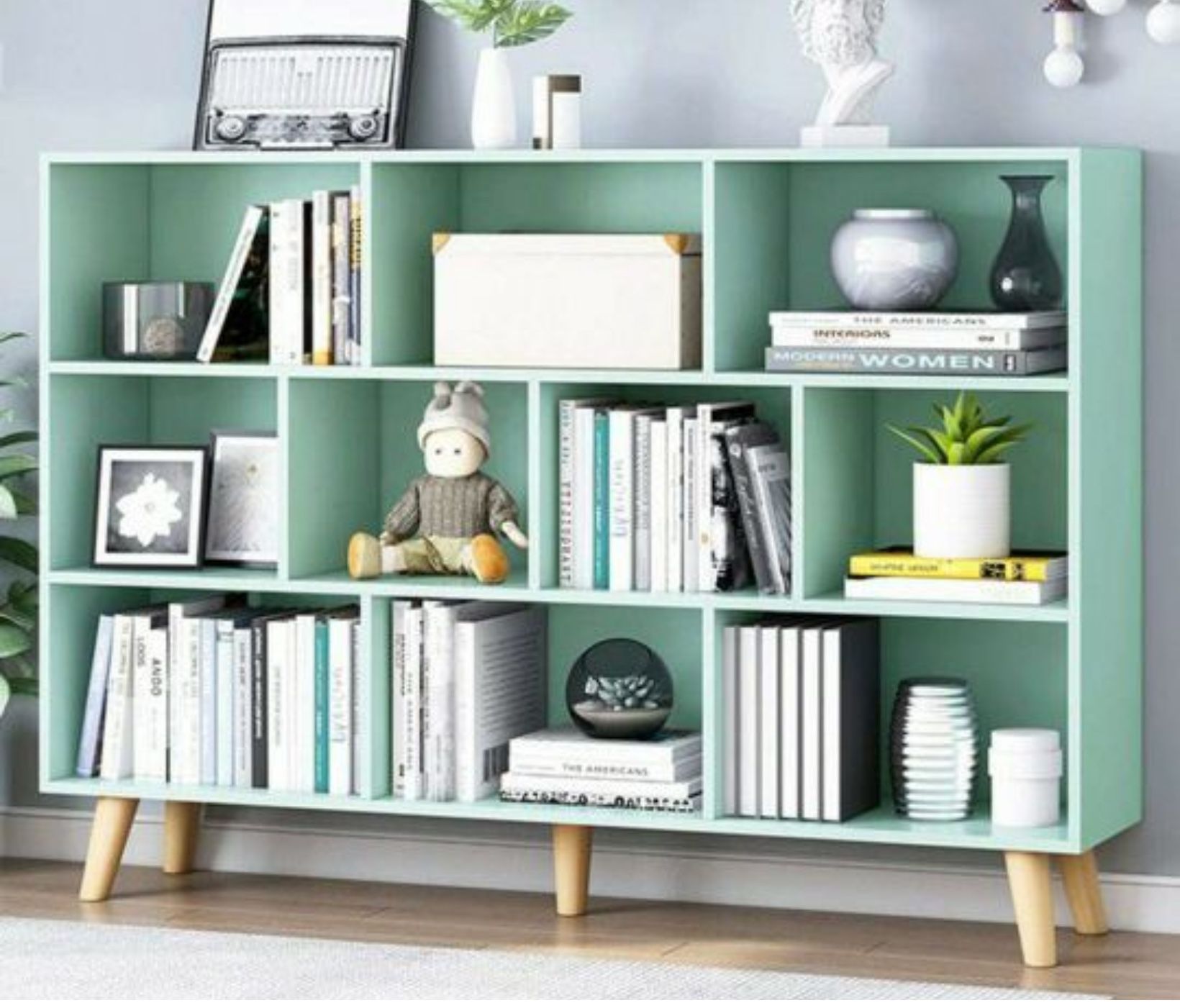 IOTXY Wooden Open Shelf Bookcase - 3-Tier Flor Standing Display Cabinet Rack with Legs, 10 Cubes Kids Bookshelf, Tiffany-Green