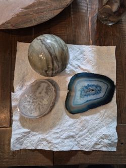 Jasper sphere, agate coaster, quartz slab