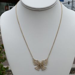 14K Gold Two Tone Butterfly Pendant Chain Necklace 
