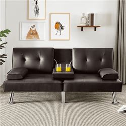 Modern Faux Leather Convertible Futon Sofa Bed with Cup Holders, Espresso