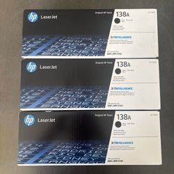 3 Genuine HP 138A W1380A Toner Cartridges – 2 Sealed, 1 Open Unused
