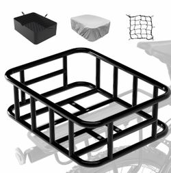 Brand New Bike Basket Rear Rack Bike Basket with Cargo Net and Liner Large Bicycle Basket Heavy Duty Bicycle Rear Basket with Liner Waterproof Cover C