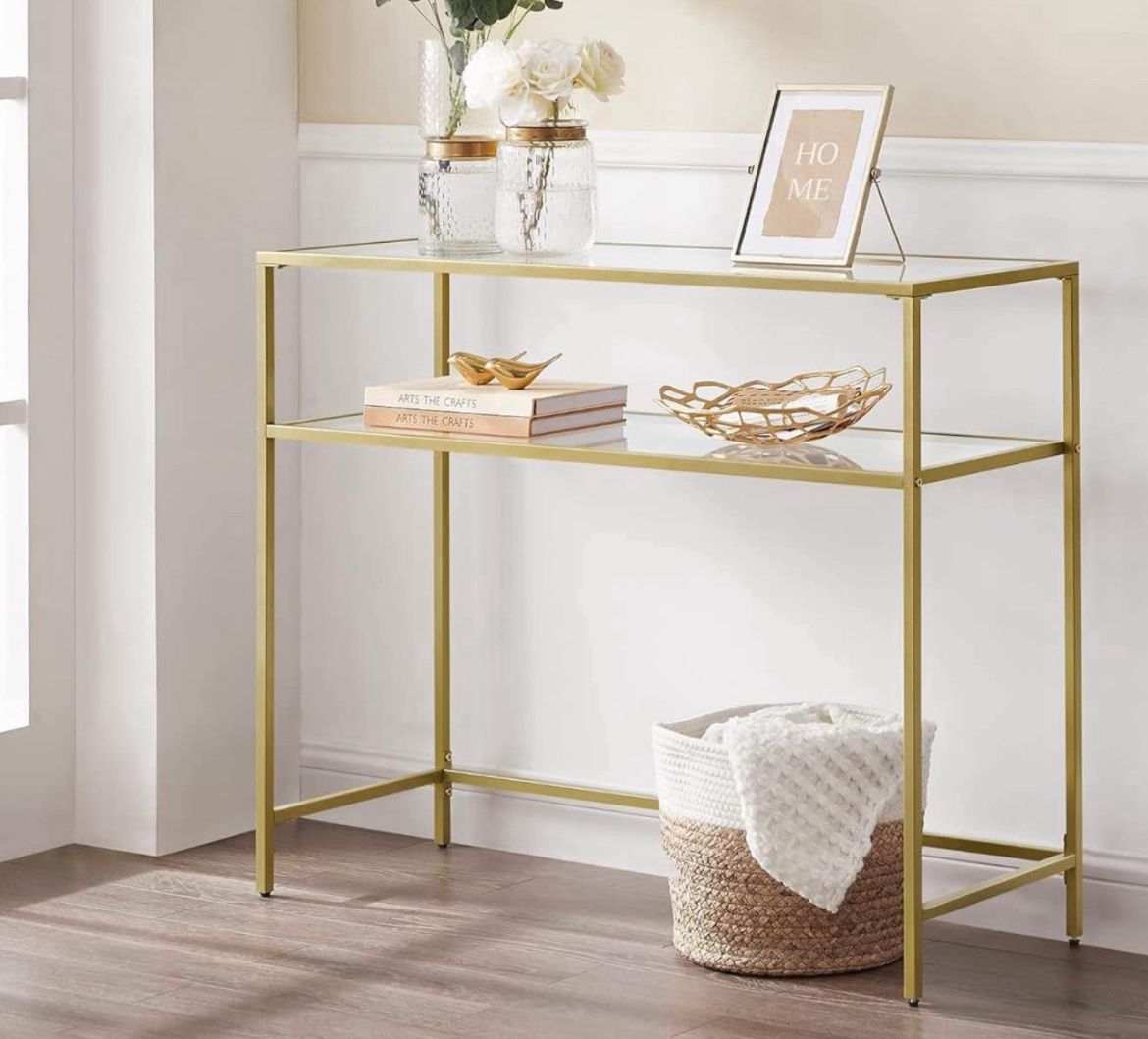 39.4 Inch Console Sofa Table, Modern Entryway Table, Tempered Glass Table, Metal Frame, 2 Shelves, Adjustable Feet, for Living Room, Hallw