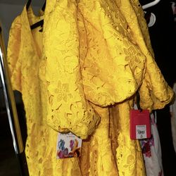 Yellow Lace women short sleeve Mini Dress PLUS size 14w and 16w