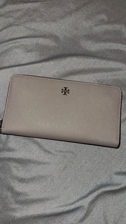 Tory Burch gray Saffiano leather continental or zip-around wallet.