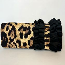 Charming Charlie Leopard Print Clutch Purse Black Ruffle Rope Strap New With Tag