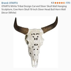 NEW OTARTU WHITE TRIBAL DESIGN CARVED STEER SKULL 19"