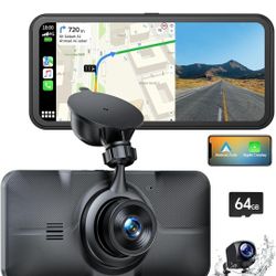 4KDash Cam Wi-Fi Car Camera with 6.25 Inch Apple CarPlay Drive Screen, Dual Dashcam for Car with G-Sensor, Loop Recording, Bluetooth Car Stereo and 64