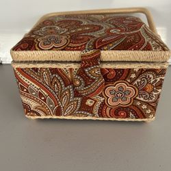 Vintage Fabric Covered Sewing Box Basket Padded With Handle And Storage Tray