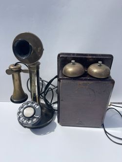 Antique 1920's UT Candlestick Telephone Brass With Walnut Ringer Box