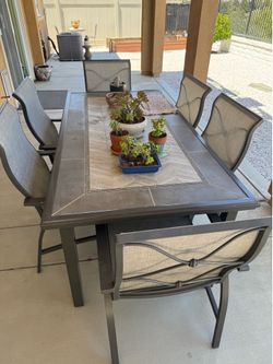 7-Piece Outdoor Tile Top Dining Set with 6 Chairs