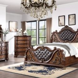 Brand New Elegant Brown Cherry 4pc Queen Bedroom Set (Available In California & Eastern King)