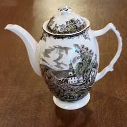 Vintage Friendly Village Johnson Bros vintage transferware china coffee 
pot. Pre-owned, great shape, no chips , cracks or crazing. 