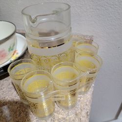 7pc Vintage Gold Juice Pitcher Glasses Set
