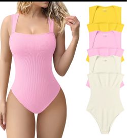 Brand New Pack of 3 Women's Solid Ribbed Knitting Swan Neck Shapewear Bodysuit, Casual Comfy Minimalist Tummy