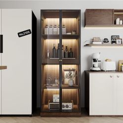 23.6'' W Display China Cabinet Liquor Curio Cabinet, Mid Century Modern Wooden Tall Kitchen Hutch with Glass Door and Storage Shelf for Dining Room (W