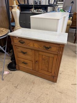 vintage Victorian-era walnut washstand with a white marble top - 31” x 15” x 28”