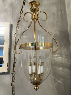 Vintage Brass & Glass Bell Jar Pendant Lantern Light