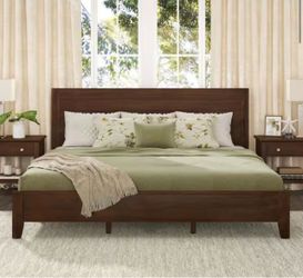 Lessio Dark Brown Mid-Century 13.7 in. Solid Wood Frame King Platform Bed with Wooden Slats, Headboard, Easy Assembly