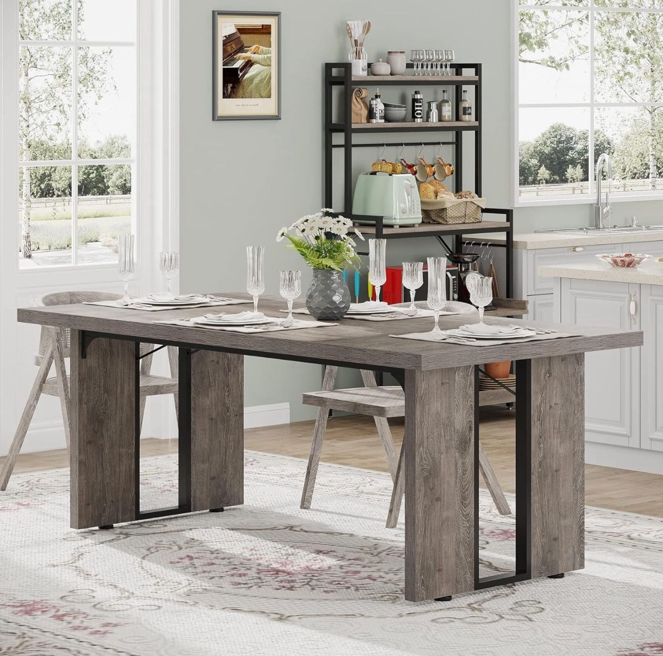 70.9” Rectangular Dining Table — Seats 6–8, Grey Wood/Black Metal, Modern Industrial | Brand New