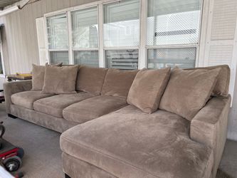 Sage Green/Taupe Brown Plush Sectional Sofa w/ Chaise – Dark Wood Legs Price: $$200 or OBO