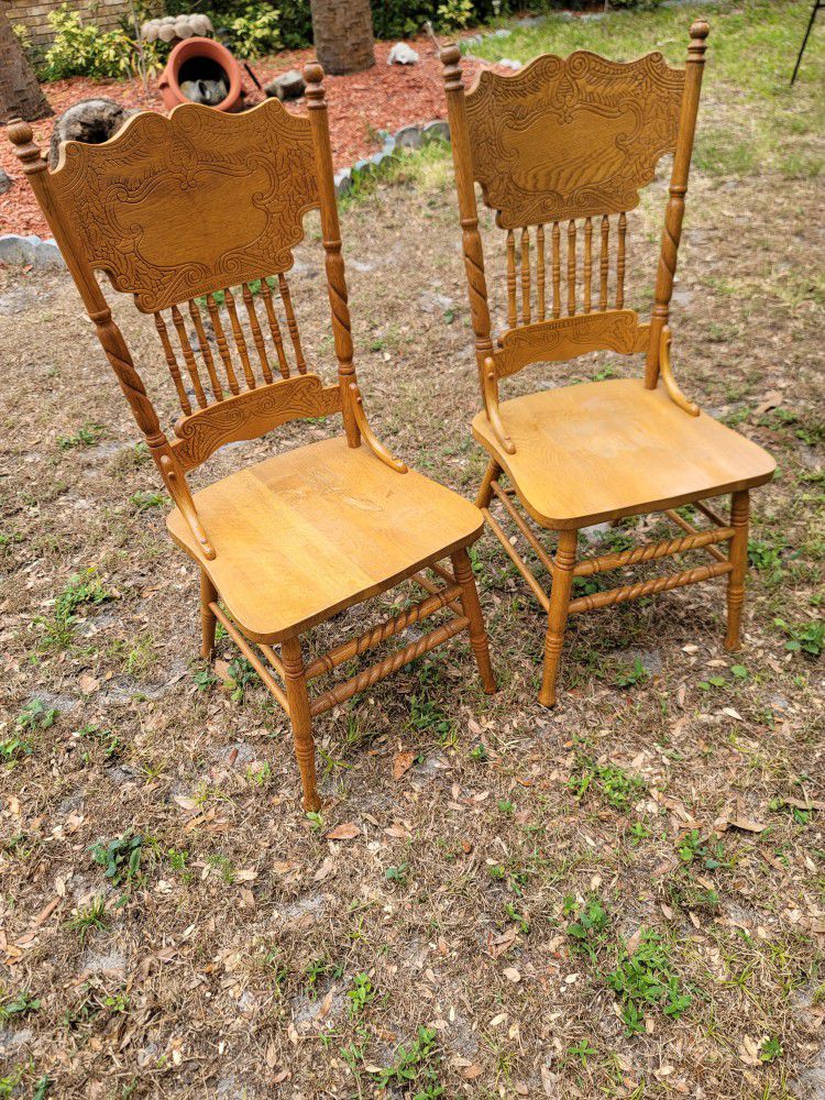 Vintage Press Back Solid Oak Wood Chairs