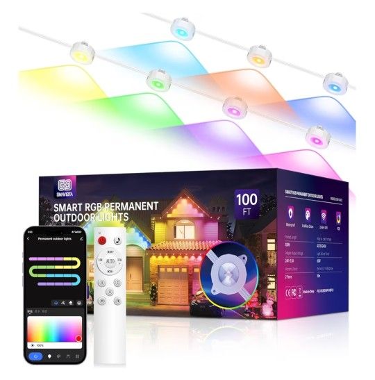 Permanent Outdoor Lights for House, 100ft Smart RGB Outside Lights with 72 Scene Modes, IP68 Waterproof Eaves Lighting for Christmas 