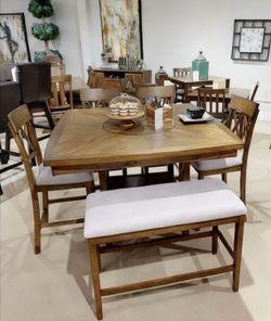 Dining Set Table With 4 Chairs & Bench | Counter Height - Storage Shelf