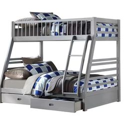 Gray Twin/Full Bunk Bed With Mattresses and Storage Drawers