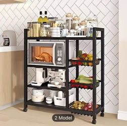 New! Movable Storage Rack, Adjustable 4-storey Kitchen Shelf with 3 Wire Baskets, Kitchen Organizer And Storage, Metal Shelf Rack with Wheels, Suitabl