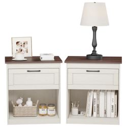 Farmhouse White Nightstand  Bed Side Table Set Of 2 