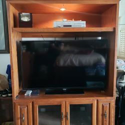 Hardwood TV cabinet with lighted shelf and storage.  Glass window doors. 