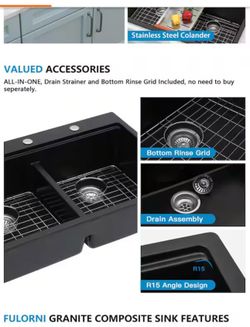 Fulorni 33" × 22" Drop-In Matte Black Quartz 50/50 Double Bowl Workstation Kitchen Sink Granite Composite Basin with Accessories