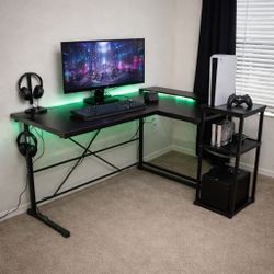 LED Gaming Desk with Shelves – Black Computer Setup Desk