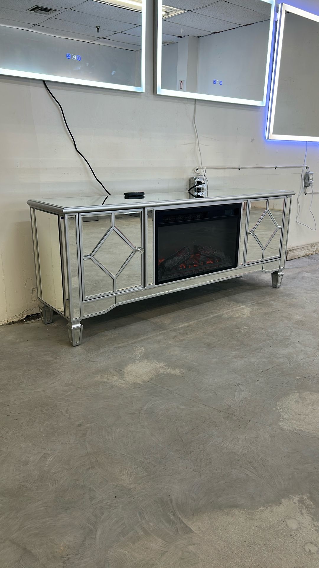 Mirrored TV Stand With Fireplace 