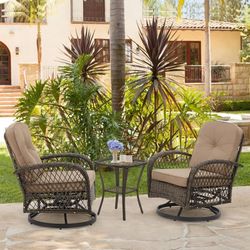 Set 3 Piece Outdoor Patio Furniture, Wicker Swivel Rocking Chair Set with Matching Coffee Table & Premium Fabric Cushion
