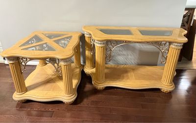 Ornate Console Sofa Table & End Table Set with Glass Inlays