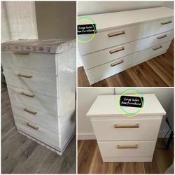 New White Dresser Chest And 1 Nightstand With Golden Handles 🌟