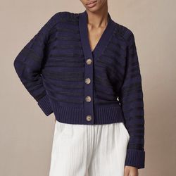 ME+EM Indigo Navy Blue Knit Raised Stripe Cotton Oversized Cardigan Sweater