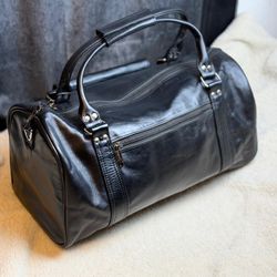 Premium Black Leather Mini Duffle Bag Compact Travel & Everyday Carry