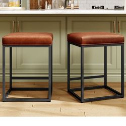 MAISON ARTS Counter Height 24” Bar Stools Set of 2 for Kitchen Counter Backless Modern Barstools Industrial Upholstered Faux Leather Stools Farmhouse