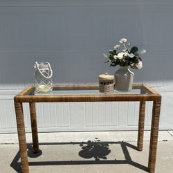 FREE DELIVERY! Vintage Coastal Wicker Wrapped Console Table Glass Top