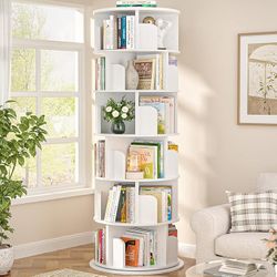 Aheaplus 6 Tier Rotating Bookshelf, Wood Spinning Bookshelf Tower, Round Revolving 360 Bookcase,