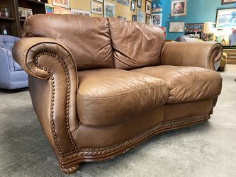 ASPEN LEATHER Wood Framed Loveseat w/ Nailhead Trim
