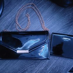 ALDO Black Patent Leather Clutch with Chain Strap & Matching Wallet
